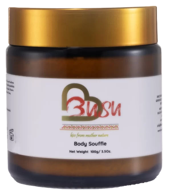 Busu Body Soufflé, a rich and creamy moisturizer for dry skin, featuring cocoa butter, shea butter, coconut oil, and African botanicals.