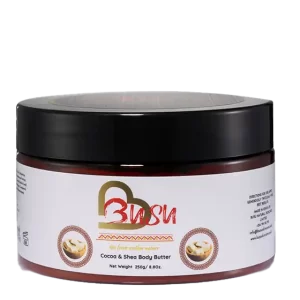 Busu Cocoa & Shea Body Butter, deeply nourishing for dry, flaky skin with cocoa butter, shea butter, and African botanicals.