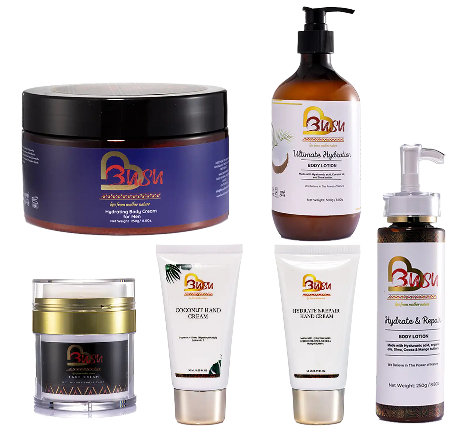 Busu Natural Skincare Moisturizers and Lotions including Face Cream, Ultimate Hydration Body Lotion, Coconut Hand & Body Cream, Hydrating Body Cream for Men, and more.